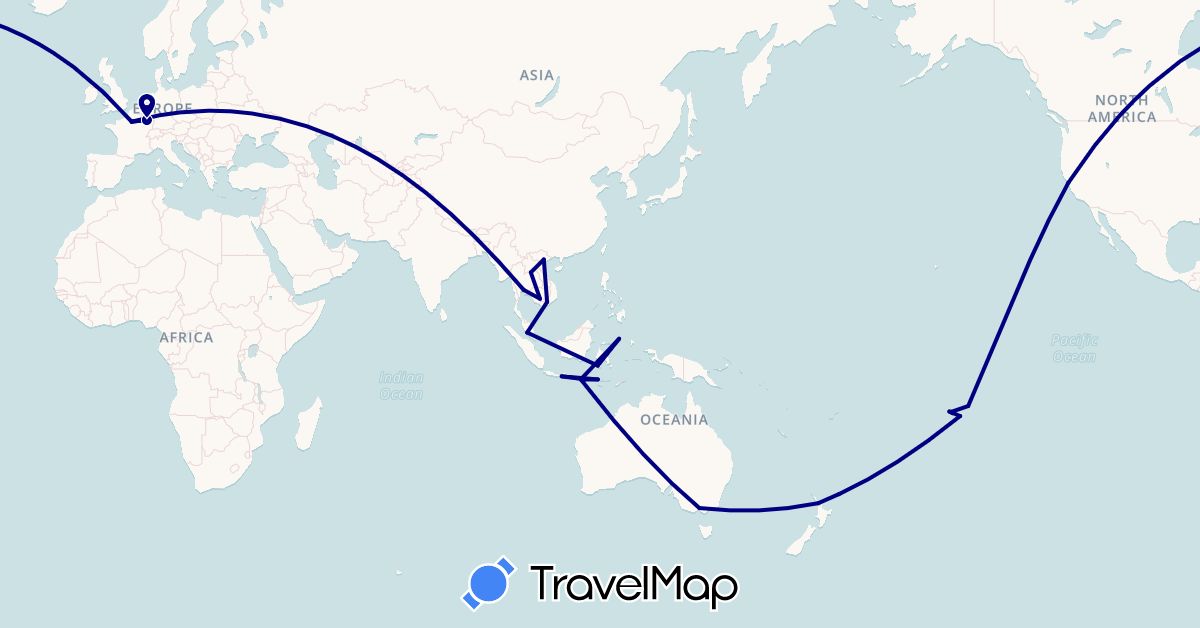 TravelMap itinerary: driving in Australia, France, Indonesia, Cambodia, Laos, Malaysia, New Zealand, Thailand, United States, Vietnam (Asia, Europe, North America, Oceania)